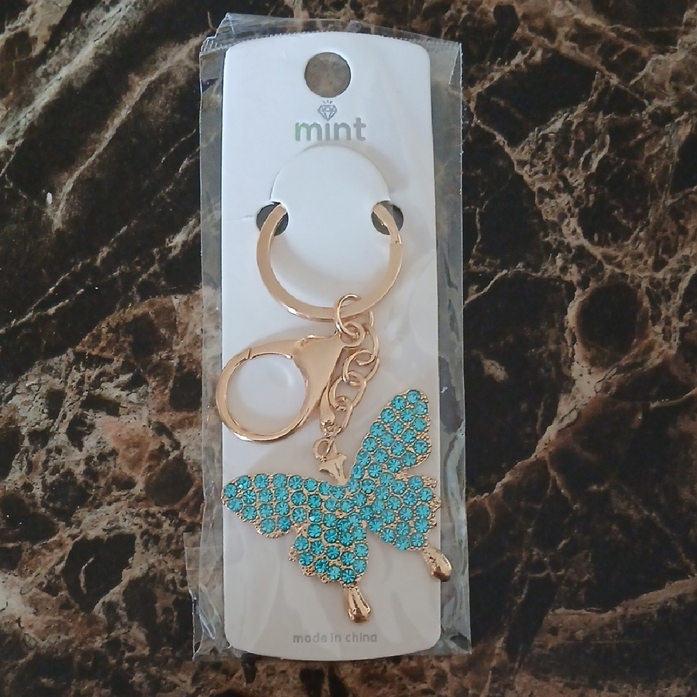 Mint Turquoise Butterfly Keychain with Gold Details